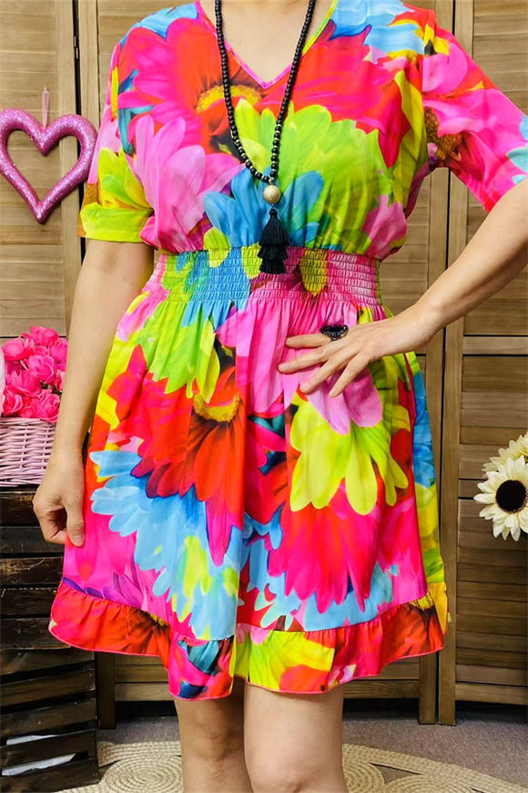 GJQ15888 Red&pink multi color floral printed short sleeve women dress w/elastic waist band &ruffle hem