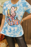 DLH11288  Blue tie dye short sleeve t-shirt w/cactus & pumpkin print women IS1