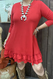 GJQ15500 Red solid color 3/4 sleeve double ruffle bottom w/side pockets women dresses