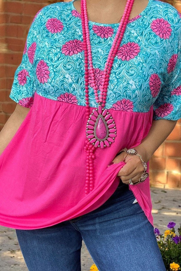 Turquoise& Fuchsia floral multi colors printed baby doll short top XCH14853  IS7