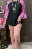 GJQ15595 Paisley Fuchsia&mint color printed 3/4 sleeve w/ruffle black women tops raglan design