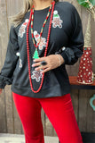 XCH15219 Santa Claus sequin patch in the black solid color long sleeve raglan design women blouse