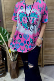 XCH12893  "BYE"heart&Jewel turquoise/pink multi color printed short sleeve women top for valentine holiday