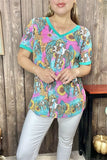 XCH12474 Faith cross w/wings & sunflower multi color printed short sleeve women top (BS12)