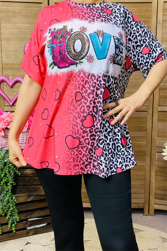 XCH14525 Western LOVE hearts &leopard multi color printed short sleeve women top