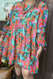 XCH15484 Multi color floral printed long sleeve w/elastic cuff loose women dress