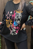 XCH15788 Yellow horse/Fuchsia cactus multi color graphic embroidery  long sleeve w/black sequin women tops