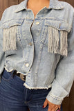 Long sleeve denim women coat with pocket and back with fringe DLH13702