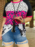 XCH14275 Star&Leopard block black fuchsia cow multi color printed short sleeves women tops (FS9)