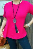 GJQ15567 Fuchsia solid color short sleeve women tops