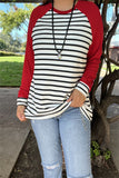 BQ15480 Black/white stripe printed solid red long sleeve women top w/raglan design