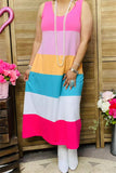 XCH15894 Block pink/mint/yellow/white multi color printed sleeveless women dress w/side pockets