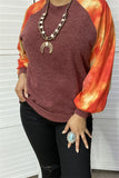 SP7924 W/orange tie dye printed bubble long sleeves w/tighten cuff burgundy women top w/raglan design(FS12)