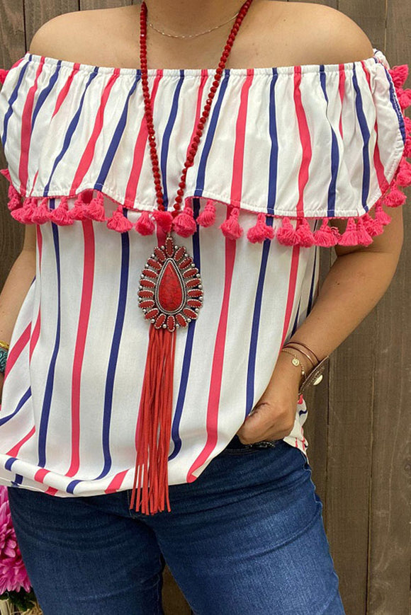 BQ13343 Red/White/Blue stripe printed off shoulder women tops with tassels IS9