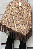 XCH13890 Snake printed poncho with brown fringe/tassel loose for women