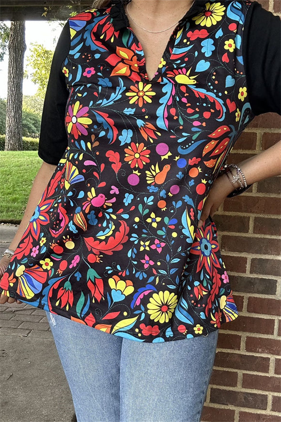 BQ15685 Multi color floral printed black short sleeve V-neckline women tops