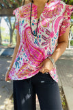 BQ15642 Paisley multi color printed short sleeve/ruffle V-neckline women tops