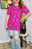 BQ13162  Fuchsia cactus printed short sleeve women tops