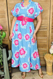 XCH15912 Fuchsia multi color floral printed short sleeve w/double trim long women blue dress w/side pockets