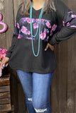 BQ15683 Floral multi color printed black solid color knitted fabric long sleeve women tops