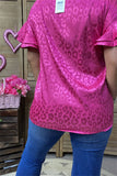 BQ15891 Fuchsia leopard printed short sleeve w/double ruffle women fuchsia tops