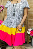 GJQ15845 Black dots printed short sleeve w/ruffle fuchsia&yellow solid color bottom women dress