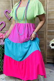 BQ14640-1 Green/pink/blue/fuchsia women long dress w/elastic upper short sleeve/ruffle w/side pockets