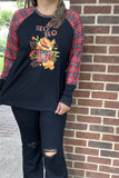 DLH10183 HO HO HO Cute cup of tea printed black women t-shirt w/plaid long sleeves (HS3 )