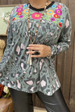 XCH14775 Camo/Leopard printed multi color embroidery black neckline long sleeve women tops