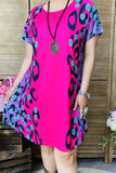 XCH14283 Black/turquoise diamond fuchsia printed short sleeves for women dresses w/side pockets  (GS11)