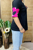 XCH14276 Half black&fuchsia/ pink leopard printed short sleeve drop shoulder women tops (ES1)