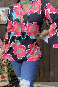 GJQ15749 Turquoise/Fuchsia/Orange floral printed 3/4 sleeve w/side split women black tops w/v-neckline