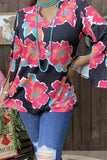 GJQ15749 Turquoise/Fuchsia/Orange floral printed 3/4 sleeve w/side split women black tops w/v-neckline