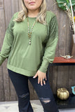 GJQ15536 Green solid color w/green lace tighten cuff long bottom sleeve side split front short/back more long women tops