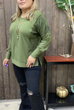 GJQ15536 Green solid color w/green lace tighten cuff long bottom sleeve side split front short/back more long women tops