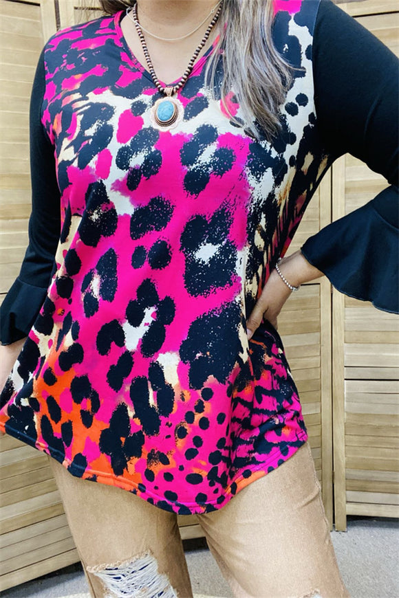 YMY15525 Fuchsia/black leopard multi color printed solid black color 3/4 sleeve/ruffle women tops