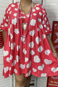 XCH14685 Light gray heart & red leopard printed short sleeve loose women dress