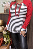 BQ15480 Black/white stripe printed solid red long sleeve women top w/raglan design