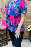 XCH15899 Blue&Fuchsia geometric graphic multi color printed short sleeve V-neckline w/cross string women tops