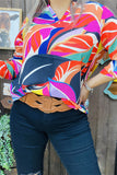 XCH15615 Orange/fuchsia/teal colorful paisley printed 3/4 sleeve w/band  V-neckline women tops