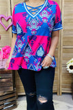 XCH15899 Blue&Fuchsia geometric graphic multi color printed short sleeve V-neckline w/cross string women tops