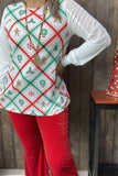 XCH15325 Green/red Christmas elements graphic printed long sleeve w/white lace&tighten cuff women tops