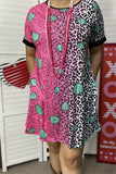 XCH14530 Paisley & Leopard fuchsia/teal heart multi color printed short sleeve women dress