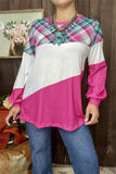 XCH15251 Colorful checked fuchsia&white block printed long/tighten cuff sleeve women tops