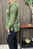 GJQ15536 Green solid color w/green lace tighten cuff long bottom sleeve side split front short/back more long women tops