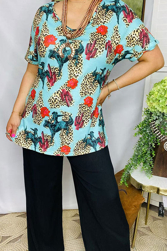 Women's t shirt wholesale horse riding cactus & leopard printed short sleeves BQ1024 (CS4)