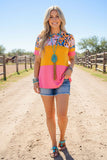 Western leopard & floral patchwork short sleeve women's boutique top BQ10424 (DS11)