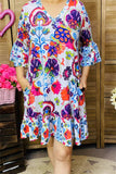 GJQ15875 Paisley&floral multi color printed 3/4 sleeve w/ruffle women dress w/side pockets