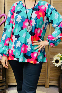 XCH15700 Turquoise/Teal multi color floral printed long sleeve w/elastic cuff women tops