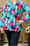 XCH15700 Turquoise/Teal multi color floral printed long sleeve w/elastic cuff women tops